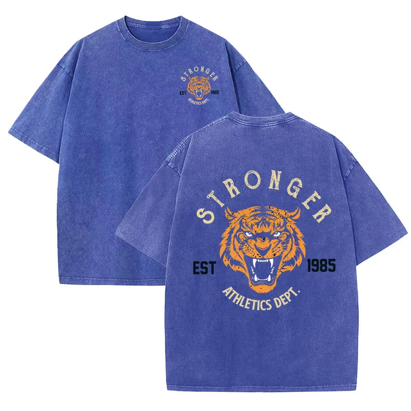 Stronger Tiger Sport Print Wash T Shirt Woman Summer Comfortable Washed Tee Casual Shortwear Soft Cotton Unisex Clothes