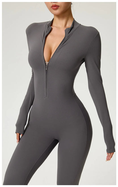 Zipper Jumpsuit Flared Pants Women Clothing Sportswear Gym Yoga Sport Sets Spandex Nylon Workout Sets Women Tracksuit