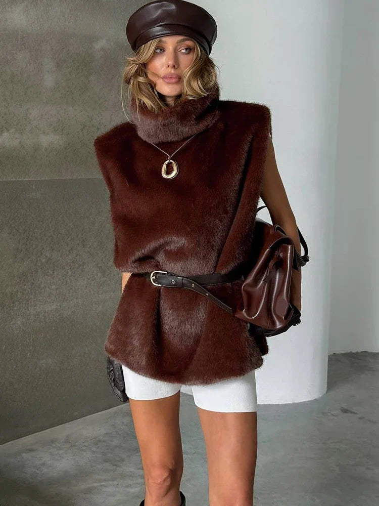 Autumn New Style Tank Tops Woman Furry Patchwork Turtleneck Daily Street Casual Simple Fashion Solid Elegant Clothing