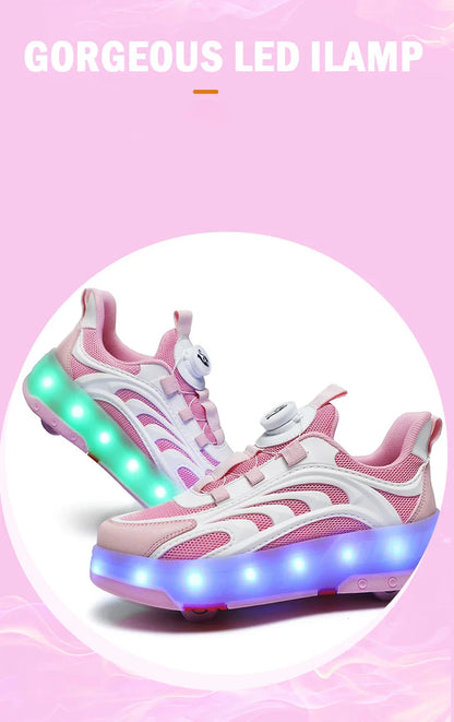 New Kids Wheels Roller Skate Shoes Boys Girls Swivel Buckle LED Light Luminous rechargeable Outdoor Children's Casual Sneakers