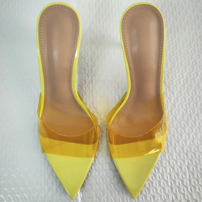 Novas Sandálias Femininas de Salto Alto de Verão Simples Transparentes de Salto Alto, Chinelos de Salto Agulha, Bico Fino, Aberto na Frente, Mules
