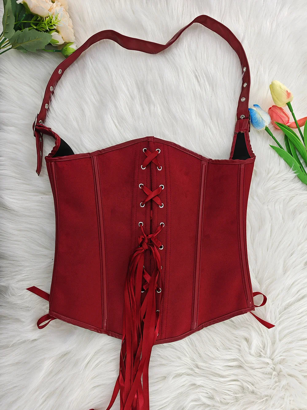Steampunk Corsets And Bustiers Sexy Halterneck Synthetic waist trainer Gothic Red Corset Top Women Outwear Corselet