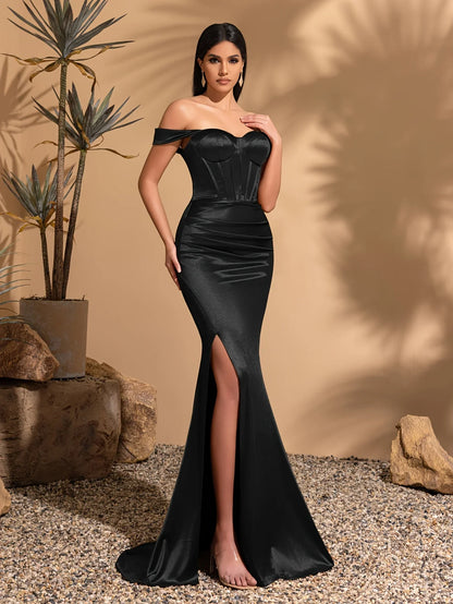 Vestido Elegante de Festa de Casamento com Ombro a Ombro, Plissado, Cintura Alta e Fenda