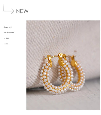 Exquisite Luxury Stainless Steel Imitation Pearls Hoop Huggie Earrings Romantic Elegant Fashion Charm Trendy Chic Jewelry