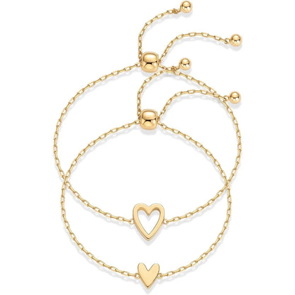 14K Gold Plated Heart Solitaire Bracelet Set – Adjustable Matching Pair for Best Friends or Couples