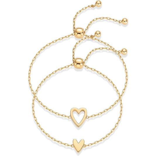 14K Gold Plated Heart Solitaire Bracelet Set – Adjustable Matching Pair for Best Friends or Couples