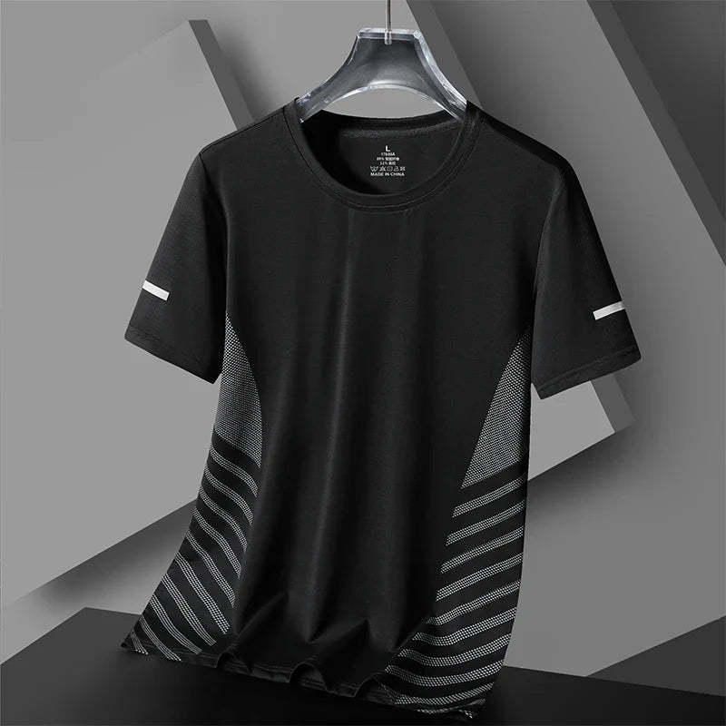 Camiseta de Corrida Masculina Verão Seda Gelo Fina Top Impressão Refletiva Secagem Rápida Manga Curta Respirável Fitness Esportiva Camiseta 5GG