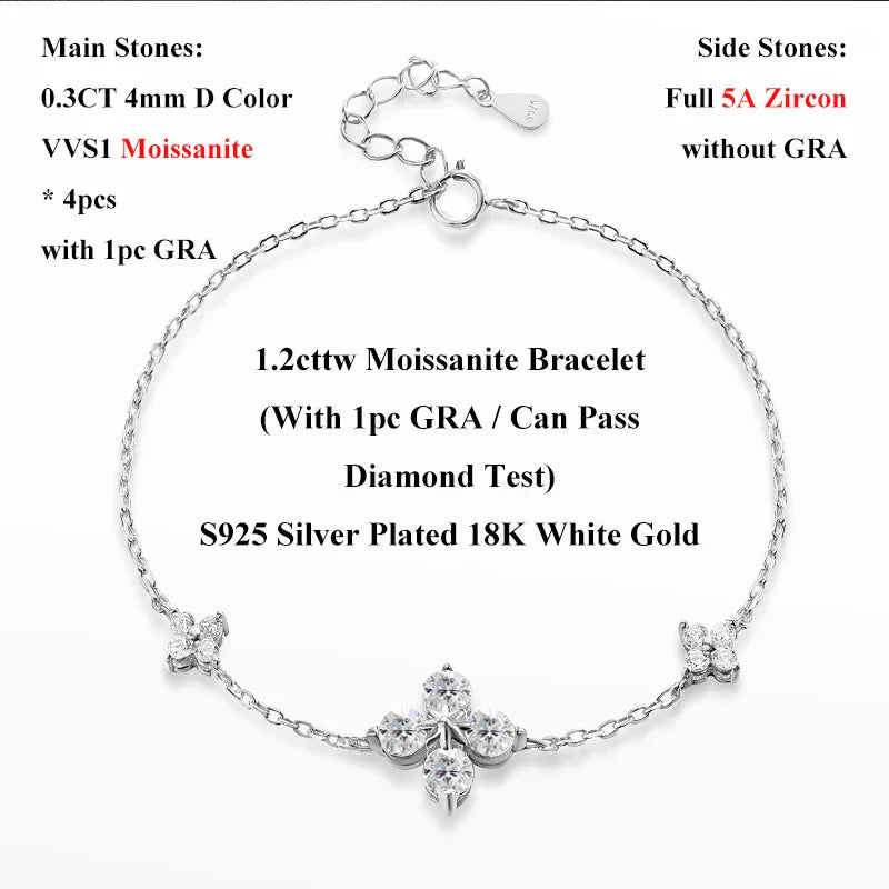 Lucky Clover GRA Certified 1.2cttw D Color Moissanite Diamond Bracelet for Women 925 Silver Plated 18k Hand Link Bracelets