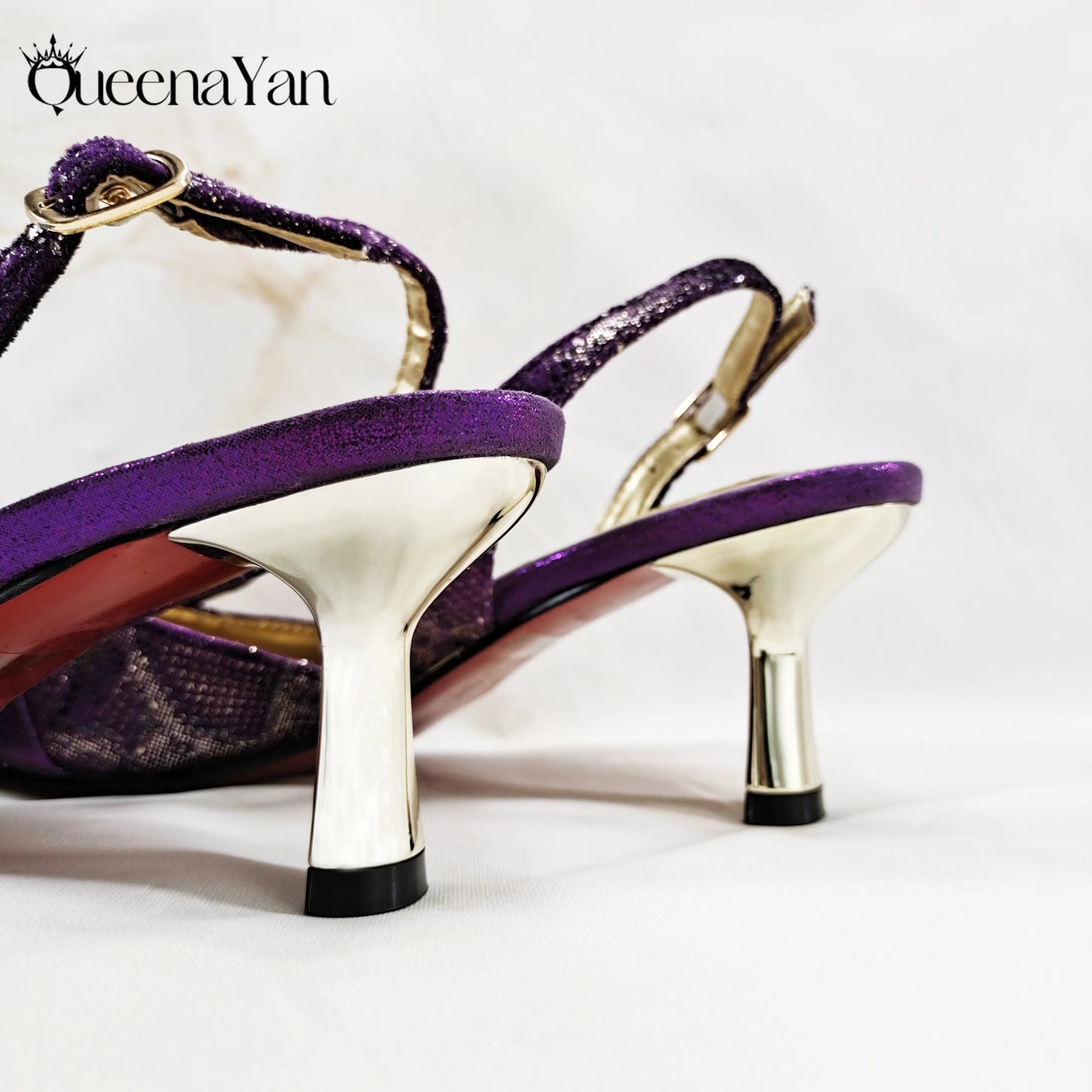 Elegant Mature Purple Color Style Rhinestone and Print Design Pointed Toe High Heels and Bag Set for Party Wedding