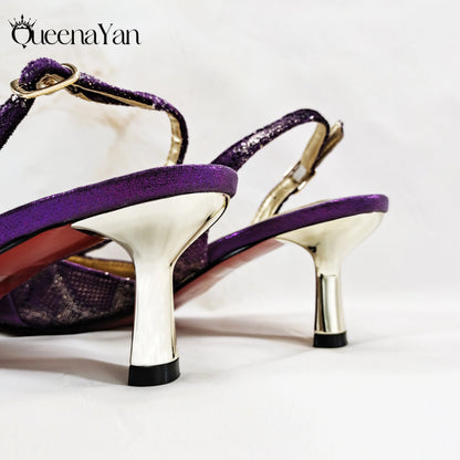 Elegant Mature Purple Color Style Rhinestone and Print Design Pointed Toe High Heels and Bag Set for Party Wedding
