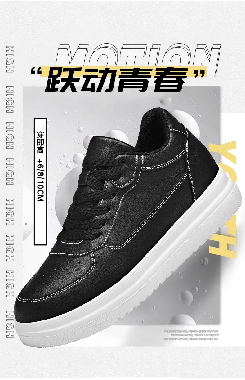 Novos sapatos masculinos invisíveis para aumentar a altura, sapatos esportivos de 6 CM-8 CM-10 CM, sapatos esportivos de couro branco para homens, tamanhos ampliados 36-46