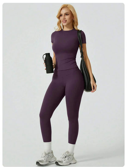 2 Piece Yoga Set Women Short Sleeve Top High Waist Leggings Gym Workout Clothing Tummy Control Fitness Sportswear Activewear Sui