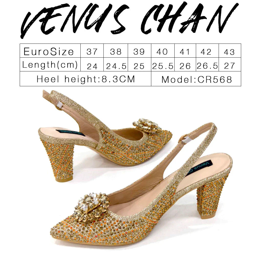 Nigerian Women Heel Party Ladies Italian Design Shoes And Bag Set Decorated with Rhinestone Handbag Wedding Party