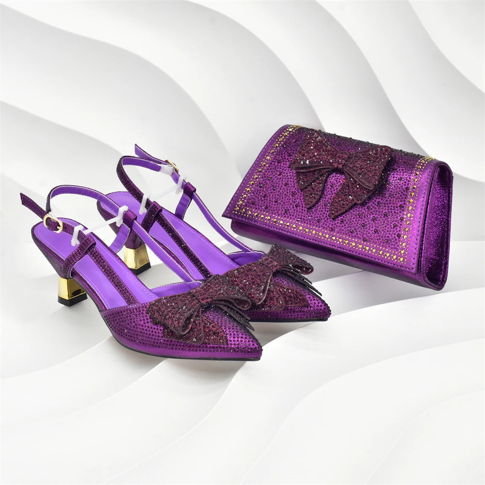 2026 Fashiona Banquet Exquisite Party Top Luxury Pointed Toe Bowtie Bright Diamond Summer Women's High Heels Shoes and Bags Set