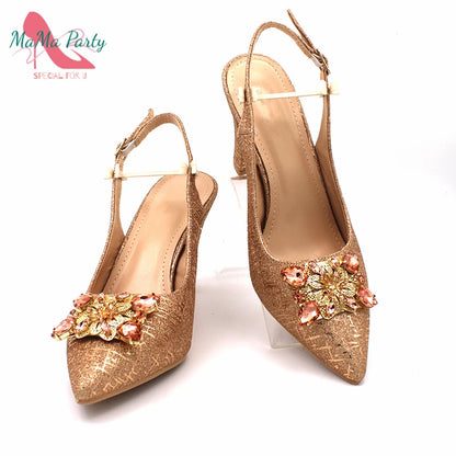 Classics Italian Design Shoes and Bag Set in Orange Color Comfortable Heels Pointed Toe Pumps for Wedding Party