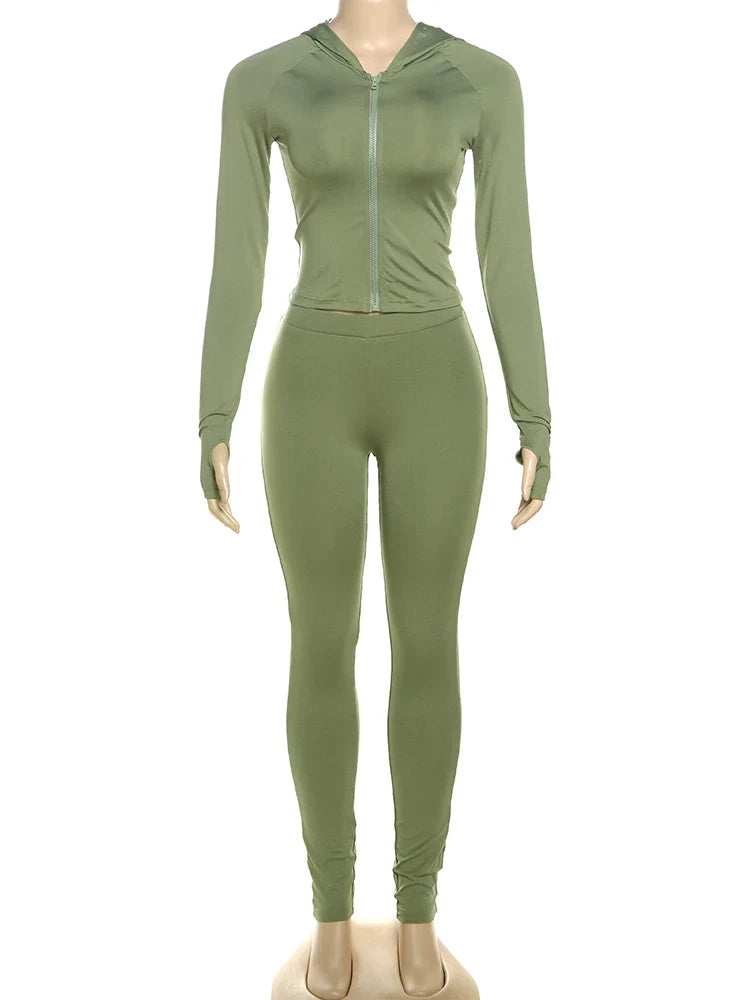 Casual Women 2 Piece Set Classic Tracksuits Solid Long Sleeve Zip-up Hood Tops+Slim Elastic Pants Sporty Concise Outfits