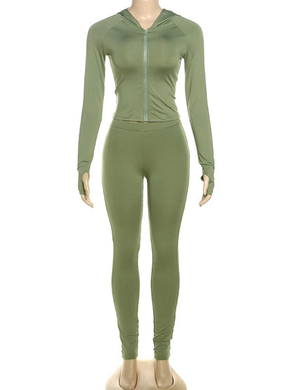 Casual Women 2 Piece Set Classic Tracksuits Solid Long Sleeve Zip-up Hood Tops+Slim Elastic Pants Sporty Concise Outfits