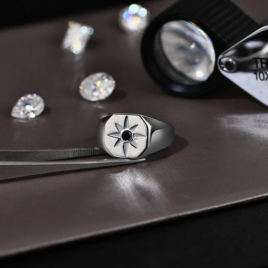 Vintage 8-Pointed Star Signet Ring for Men S925 Sterling Silver Black Spinel Women Rings Punk Jewelry Gifts for party