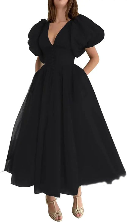 Puffy Sleeve Prom Dresses for Women Dotted Tulle V Neck Formal Evening Party Gowns Tea Length Formal Dress Women Elegant