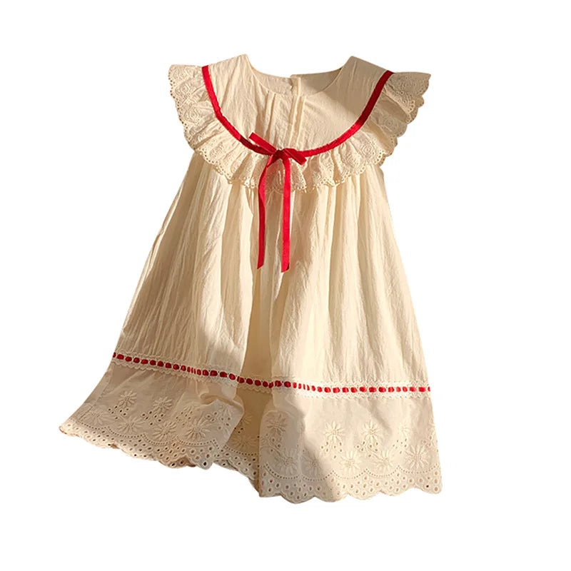 Kid Girl Exquisite Dress Ruffled Lace Collar Trimmed in Red Ribbon Red Dotted Lace Cut Out Embroidery on The Skirt for Children