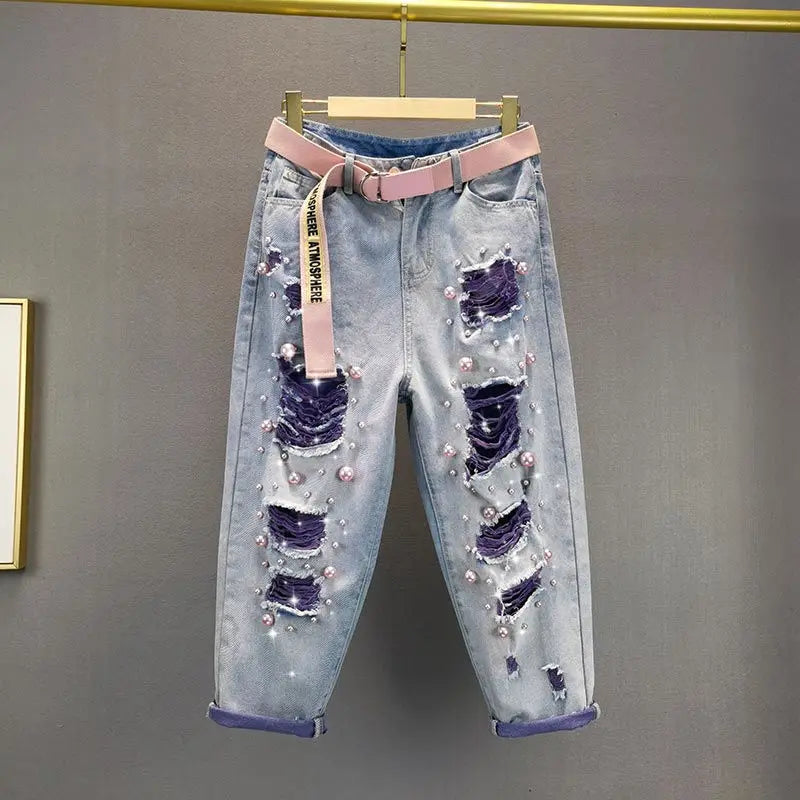 Denim Harem Pants Women Green Pearl High Waist Loose Oversized Jeans