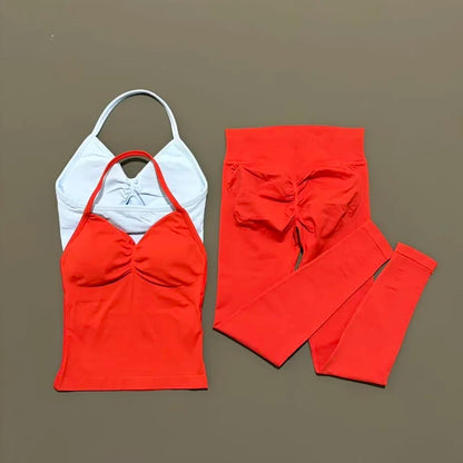2Piece Sports Gym Set Women Longline Strappy Top Fitness Clothes Seamless Yoga Set Running Workout Sports Leggings Sets