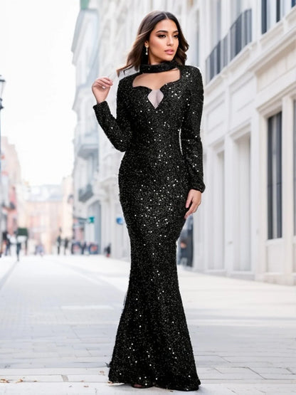 Blue Sequin Elegant Evening Party Dress O Neck Long Sleeves Wedding Party Gown Elegant Women Formal Dresses 2025
