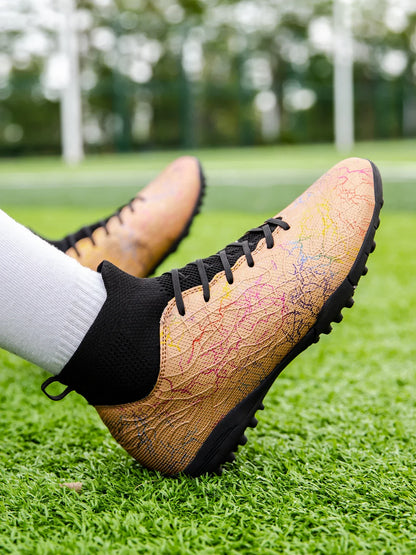 High quality, high-top football shoes, unisex style, comfortable, breathable, available in TF and FG options.  Sole spikes