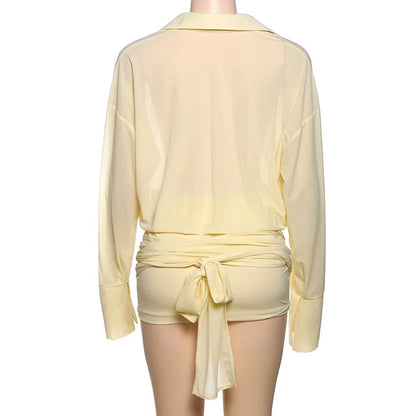 Fashion See Through Shirt Mini Dress Flare Sleeve Sexy Club Party Bandage Ruched Lapel Dresses Outfits Clothes