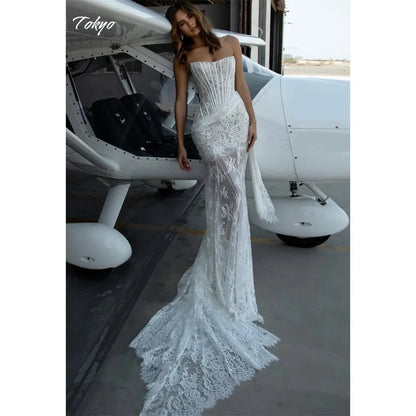 Tokyo Customized White Mermaid Strapless Wedding Dress Sleeveless Sexy Court Train Bridal Veil 2025 Lace Elegant Wedding Gown
