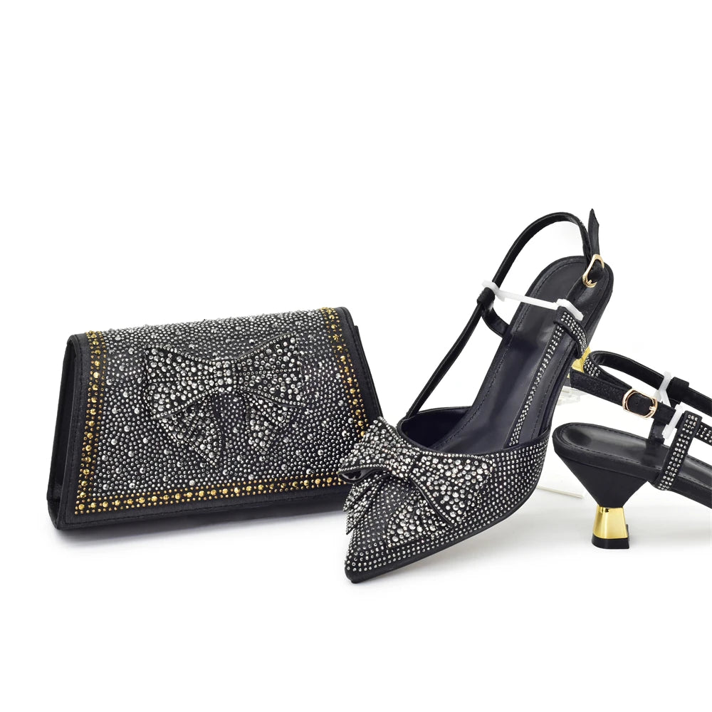 Italian Shoe and Bag Set Designer Wedding Luxury Italian Shoes and Bag Set for Women Full Rhinestone Party Pumps