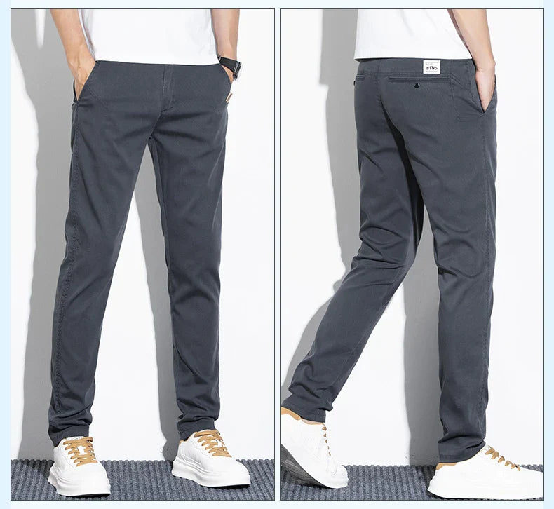 Thin Men's Pants Spring Summer Straight Casual Pants Lyocell Fabric Fashion Slim Stretch Korean Trousers Solid Color 2025 New