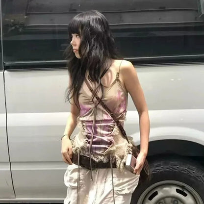 Gothic Tank Tops Women Sleeveless Tie Dye Y2k Vintage Crop Tops Streetwear 2000s Japanese Lace Up Camis E-girls Summer