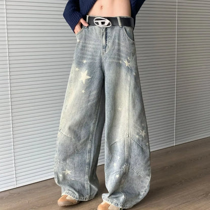 Vintage Casual Y2K High Waisted Straight Leg Star Jeans Fashion Cute Printed Gradual Pants for Men And Women