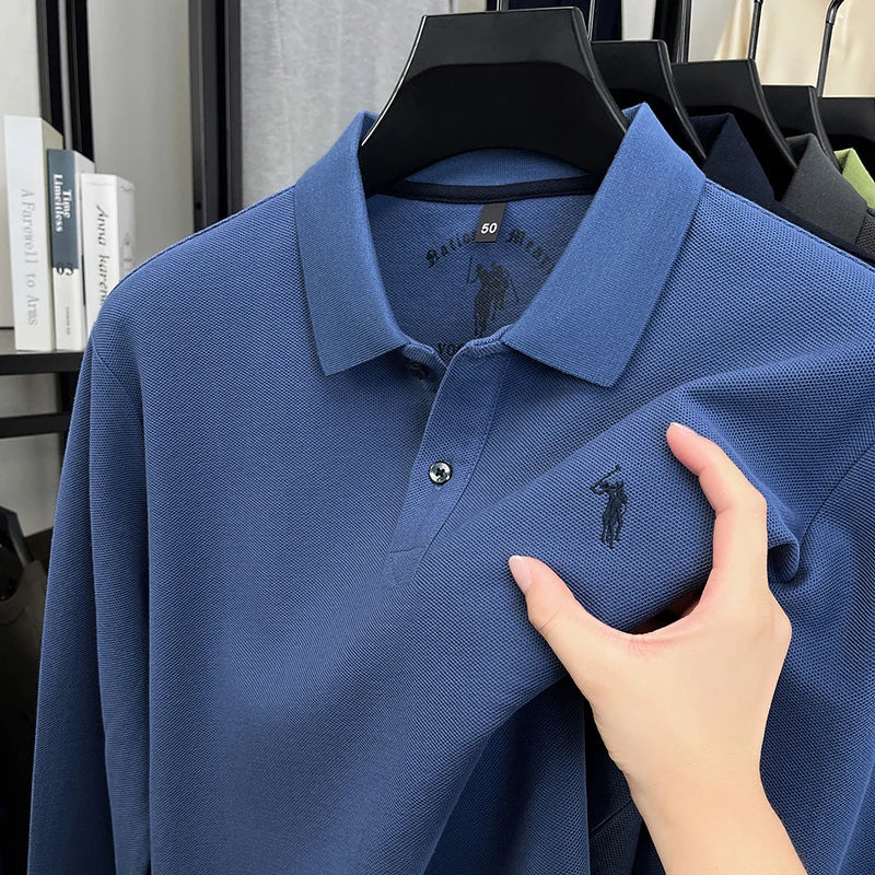 2025 New Cotton Long Sleeved T-shirt for Men, High End Embroidered Little Horse Logo Fashion Autumn/Winter Polo Top