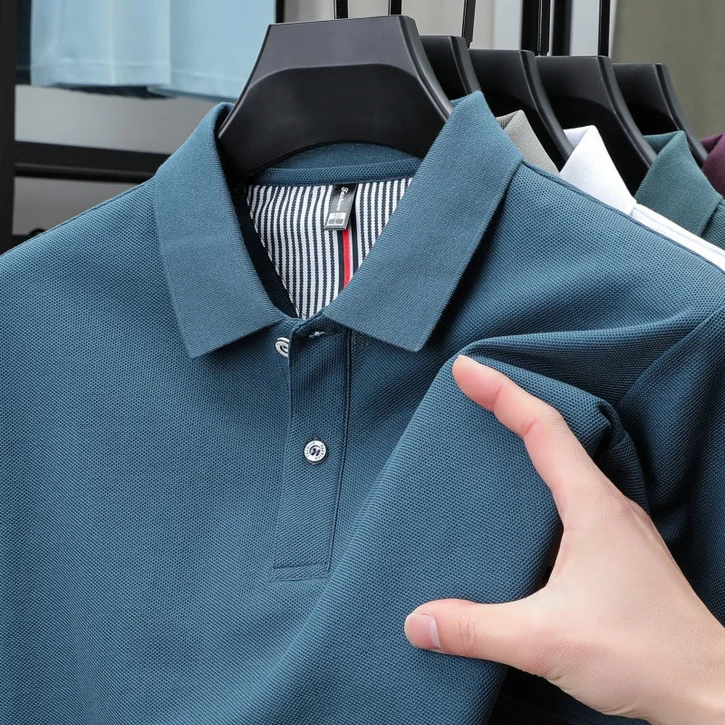 100% pure cotton short sleeved men's polo shirt summer boutique fashion high-quality top solid color collar back striped T-shirt