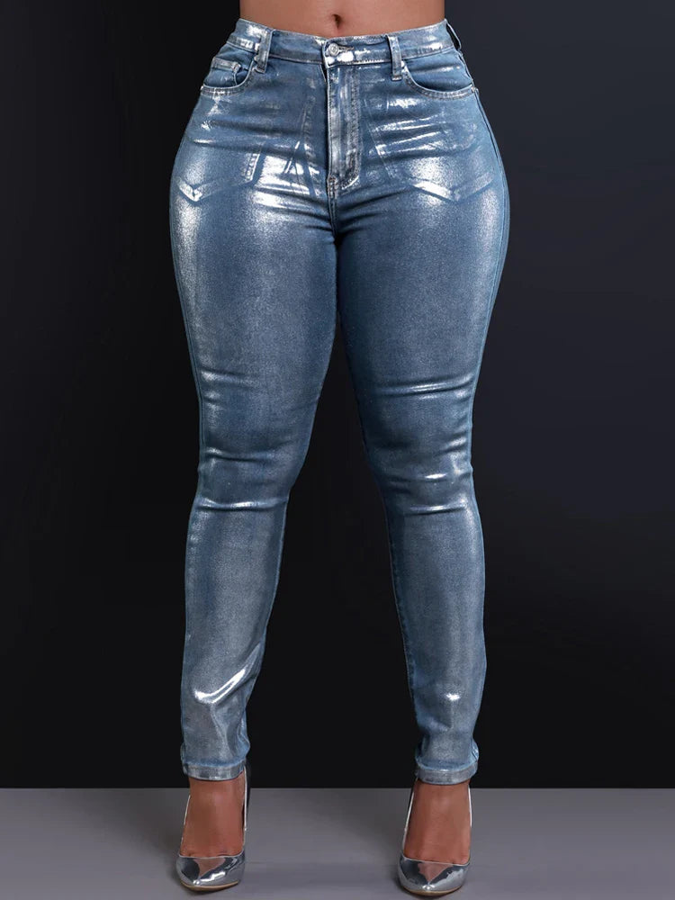 American Jeans Women Pencil Pants 2025 New Metallic Silver High Waist Streetwear Elastic Skinny Denim Trousers Female y2k