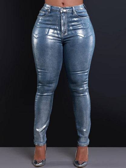 American Jeans Women Pencil Pants 2025 New Metallic Silver High Waist Streetwear Elastic Skinny Denim Trousers Female y2k