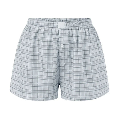Women’s Y2K Retro Cleanfit Plaid Print Elastic Low Waist Button Front Aesthetic Loungewear Loose Shorts Boxers Streetwear