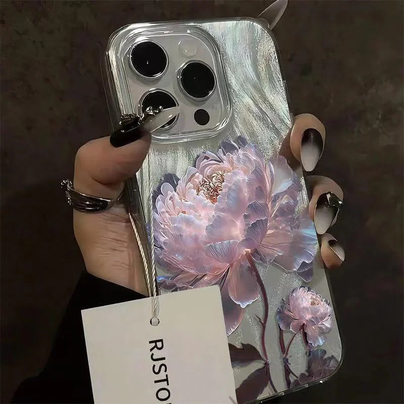 Pink Peony Lotus Print Phone Case for IPhone 16 15 14 13 12 11 17 Air Pro Max 15 Pro 7 8 Plus 16e Shockproof Silver Plated Cover
