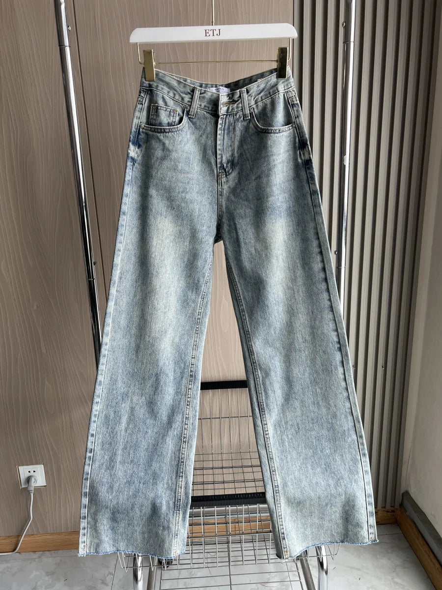 ETJ Wide-leg high-waisted jeans  women's classic everything with five pockets washed soft comfortable ultra-long jeans6045022