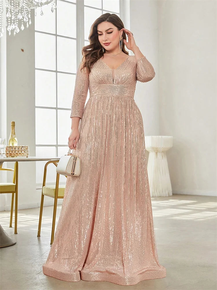 Vestidos de Festa Plus Size de Luxo com Decote V Manga Longa Paetês Elegante para Mulheres Casamento Baile Noite Coquetel Formatura