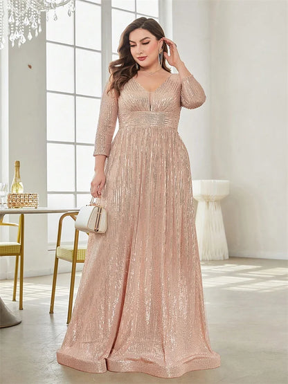 Vestidos de Festa Plus Size de Luxo com Decote V Manga Longa Paetês Elegante para Mulheres Casamento Baile Noite Coquetel Formatura