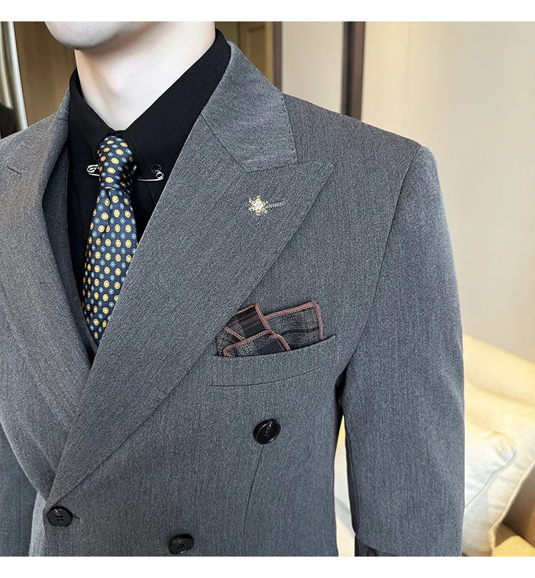 (Jackets+Pants) Luxury Double Breasted Design Slim Fit Suit High Quality Fashion Men's Wedding Social Suit Tuxedo 2 Piece Set
