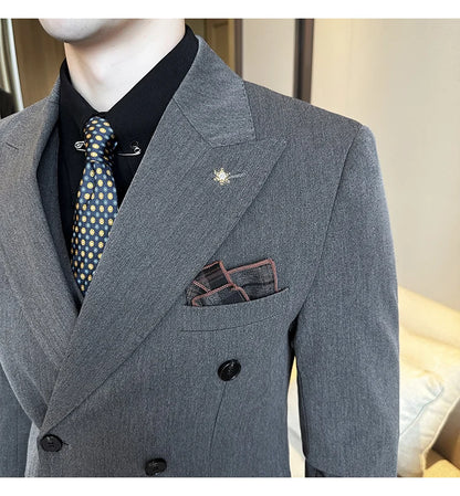(Jackets+Pants) Luxury Double Breasted Design Slim Fit Suit High Quality Fashion Men's Wedding Social Suit Tuxedo 2 Piece Set