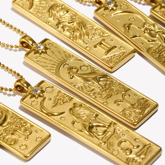 18k Gold Plated Rectangle Shape 12 Constellation Pendant Necklace Stainless Steel Waterproof Fashion Women's Jewelry