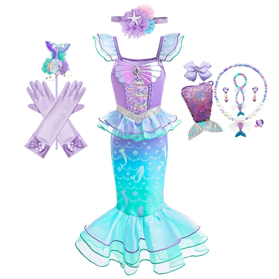 Ariel Cosplay Princess Costume Kids Cartoon Printed Dress Girls Halloween Children Carnival Birthday Party Clothes