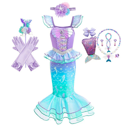 Ariel Cosplay Princess Costume Kids Cartoon Printed Dress Girls Halloween Children Carnival Birthday Party Clothes