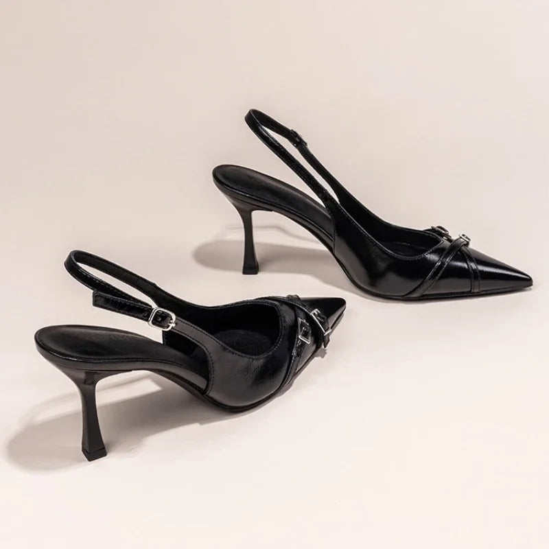 Sapatos de Salto Agulha Elegantes com Fivela, Bico Fino, Boca Rasa, para o Verão, Sapatos Femininos Pretos NO:602