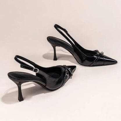 Sapatos de Salto Agulha Elegantes com Fivela, Bico Fino, Boca Rasa, para o Verão, Sapatos Femininos Pretos NO:602